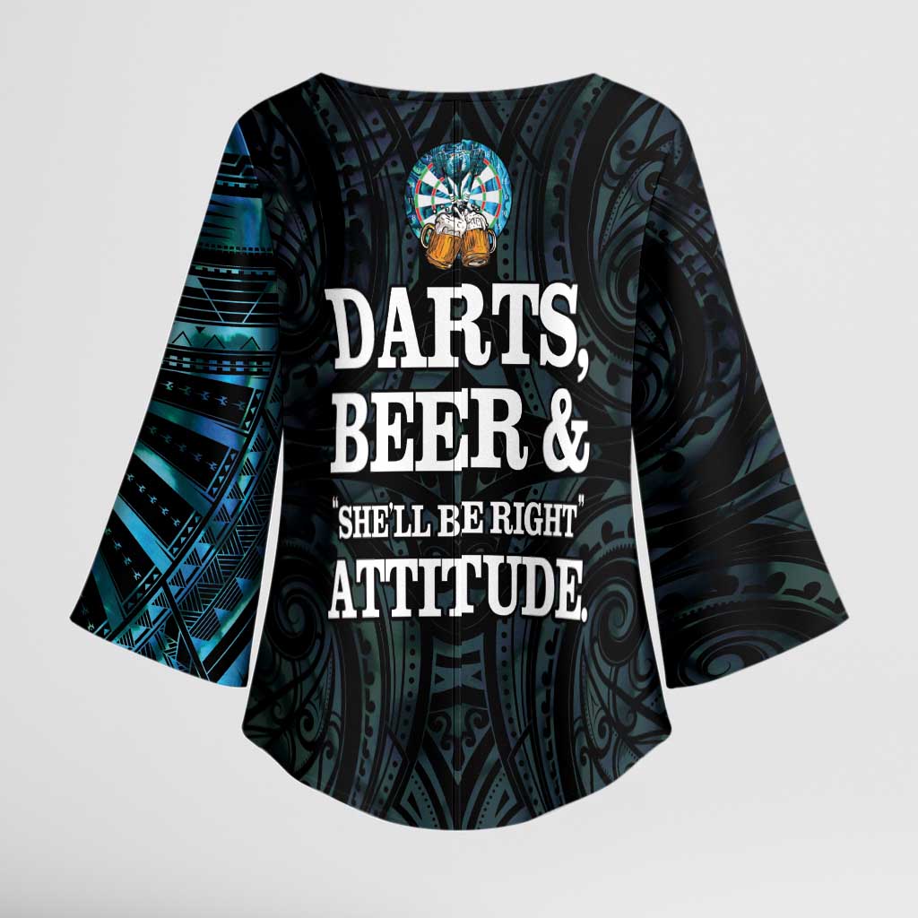 Personalized New Zealand Darts Beer Kimono Sleeve Blouse Paua Shell Aotearoa Maori Tattoo LT14 - Polynesian Pride