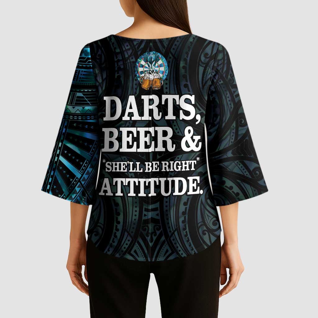 Personalized New Zealand Darts Beer Kimono Sleeve Blouse Paua Shell Aotearoa Maori Tattoo LT14 - Polynesian Pride
