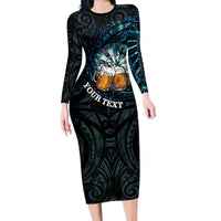 Personalized New Zealand Darts Beer Long Sleeve Bodycon Dress Paua Shell Aotearoa Maori Tattoo LT14 Long Dress Black - Polynesian Pride