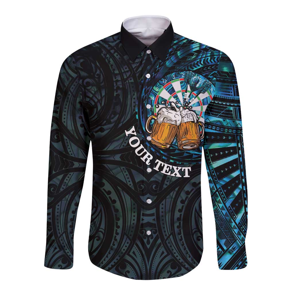 Personalized New Zealand Darts Beer Long Sleeve Button Shirt Paua Shell Aotearoa Maori Tattoo LT14 Unisex Black - Polynesian Pride
