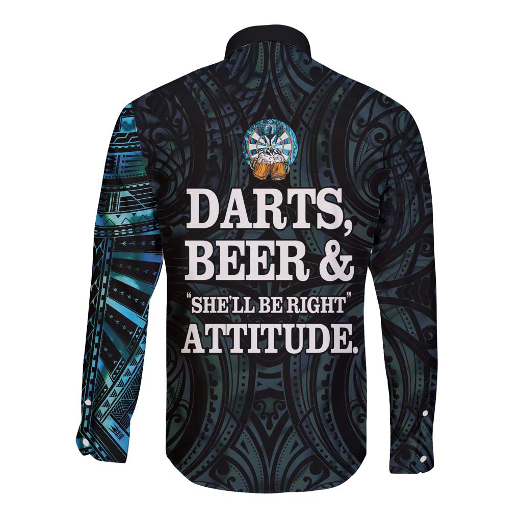 Personalized New Zealand Darts Beer Long Sleeve Button Shirt Paua Shell Aotearoa Maori Tattoo LT14 - Polynesian Pride