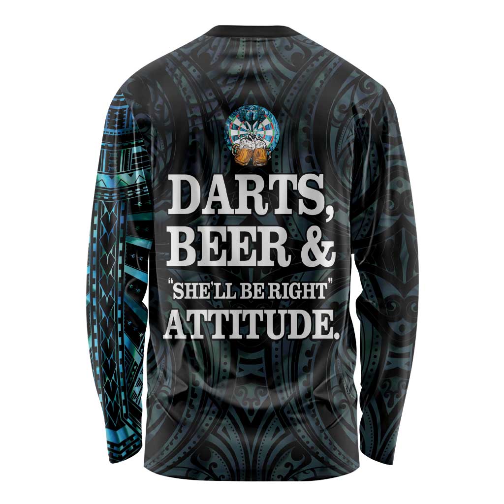Personalized New Zealand Darts Beer Long Sleeve Shirt Paua Shell Aotearoa Maori Tattoo LT14 - Polynesian Pride
