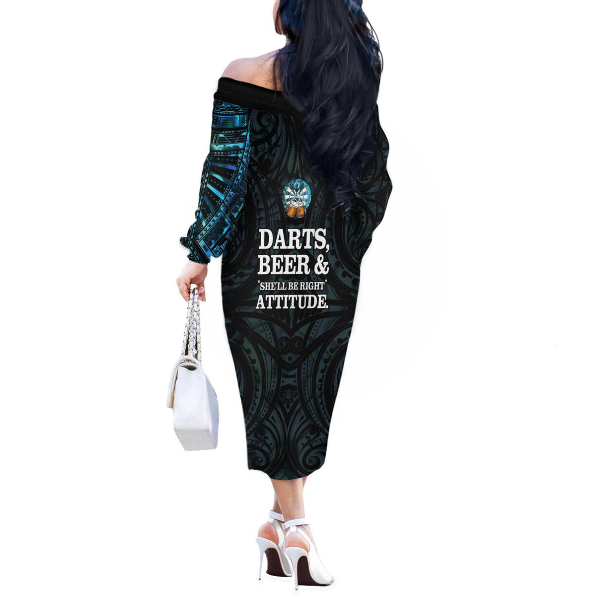 Personalized New Zealand Darts Beer Off The Shoulder Long Sleeve Dress Paua Shell Aotearoa Maori Tattoo LT14 - Polynesian Pride