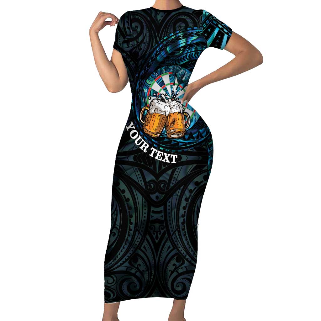 Personalized New Zealand Darts Beer Short Sleeve Bodycon Dress Paua Shell Aotearoa Maori Tattoo LT14 Long Dress Black - Polynesian Pride