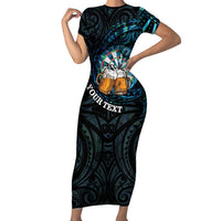 Personalized New Zealand Darts Beer Short Sleeve Bodycon Dress Paua Shell Aotearoa Maori Tattoo LT14 Long Dress Black - Polynesian Pride
