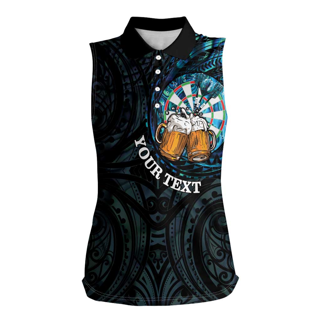 Personalized New Zealand Darts Beer Women Sleeveless Polo Shirt Paua Shell Aotearoa Maori Tattoo LT14 Female Black - Polynesian Pride