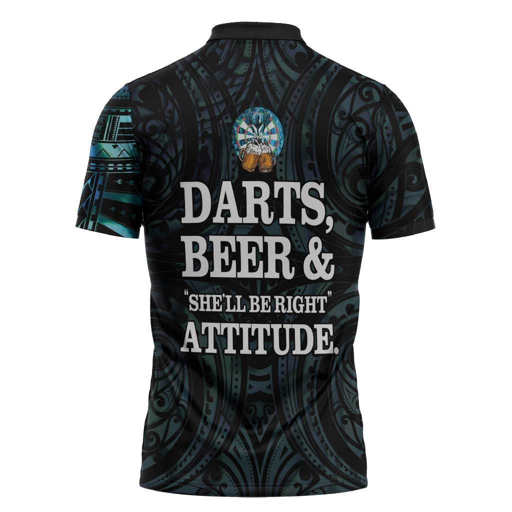 Personalized New Zealand Darts Beer Zipper Polo Shirt Paua Shell Aotearoa Maori Tattoo LT14 - Polynesian Pride