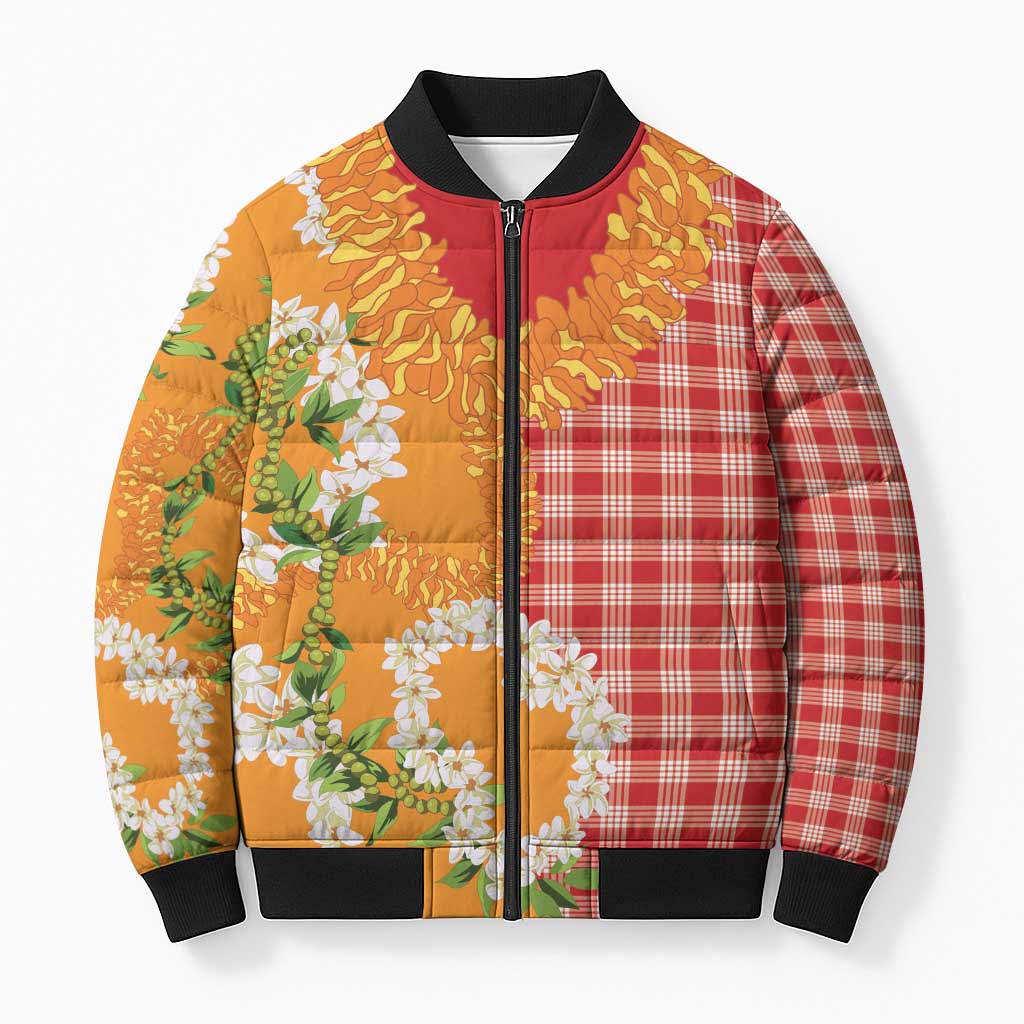 Prince Kuhio Aloha Hawaii Bomber Puffer Jacket Plumeria Ilima Lei Palaka Motifs
