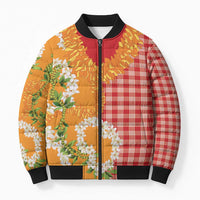 Prince Kuhio Aloha Hawaii Bomber Puffer Jacket Plumeria Ilima Lei Palaka Motifs