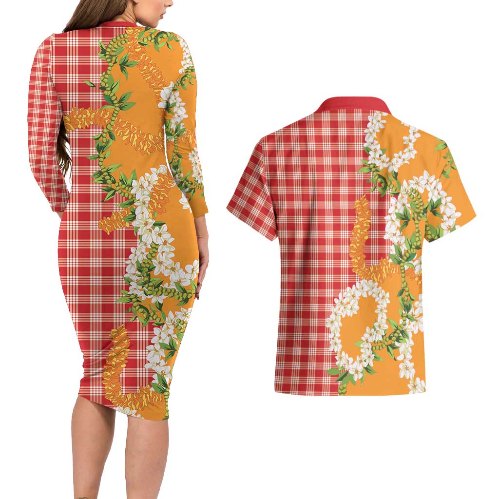 Prince Kuhio Aloha Hawaii Couples Matching Long Sleeve Bodycon Dress and Hawaiian Shirt Plumeria Ilima Lei Palaka Motifs