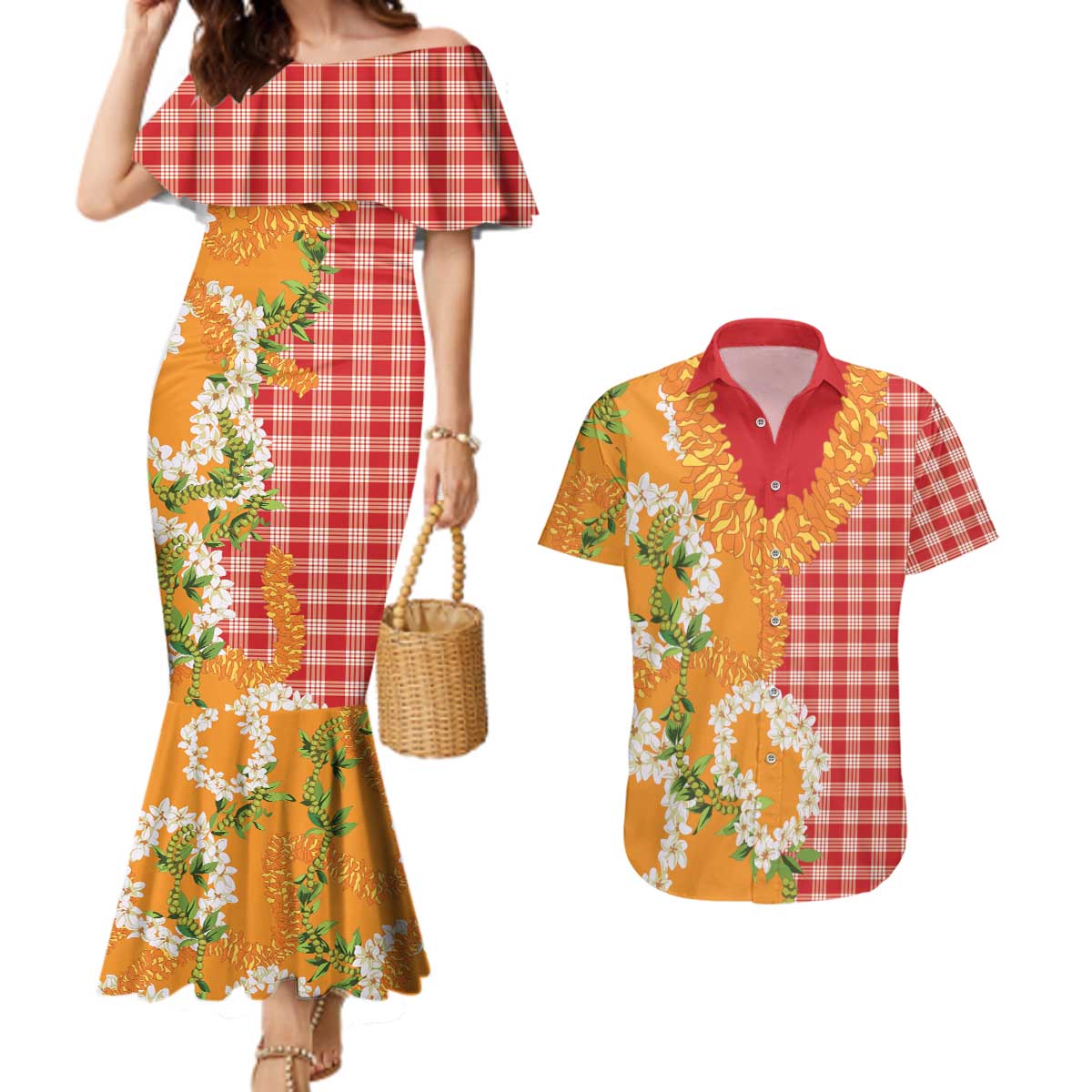 Prince Kuhio Aloha Hawaii Couples Matching Mermaid Dress and Hawaiian Shirt Plumeria Ilima Lei Palaka Motifs