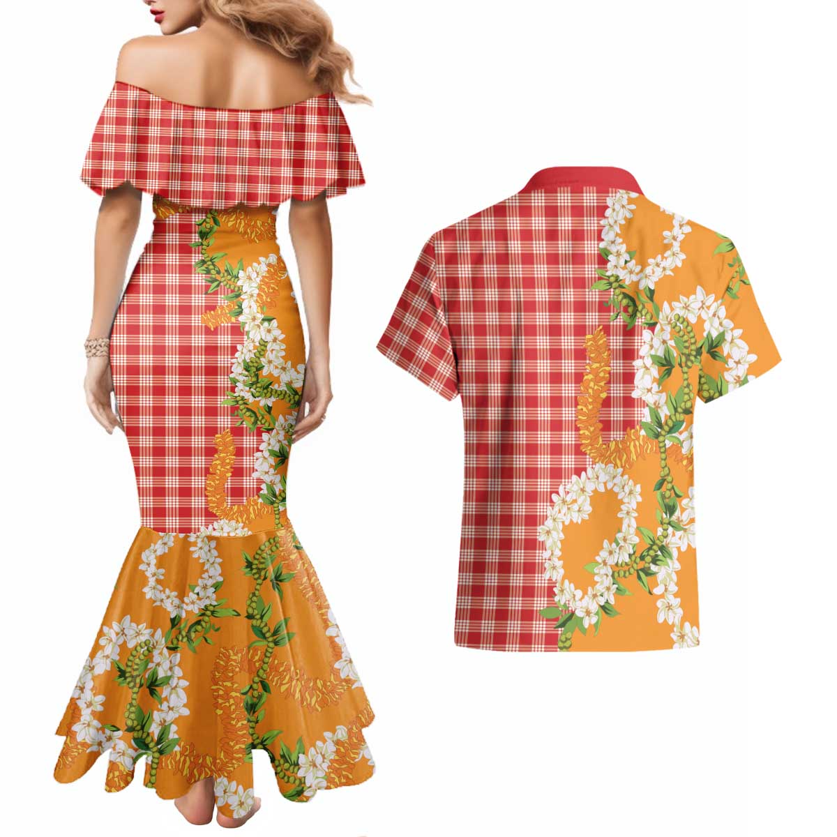 Prince Kuhio Aloha Hawaii Couples Matching Mermaid Dress and Hawaiian Shirt Plumeria Ilima Lei Palaka Motifs