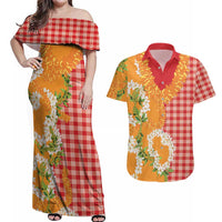 Prince Kuhio Aloha Hawaii Couples Matching Off Shoulder Maxi Dress and Hawaiian Shirt Plumeria Ilima Lei Palaka Motifs