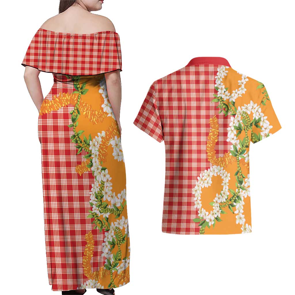 Prince Kuhio Aloha Hawaii Couples Matching Off Shoulder Maxi Dress and Hawaiian Shirt Plumeria Ilima Lei Palaka Motifs