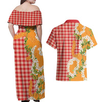 Prince Kuhio Aloha Hawaii Couples Matching Off Shoulder Maxi Dress and Hawaiian Shirt Plumeria Ilima Lei Palaka Motifs