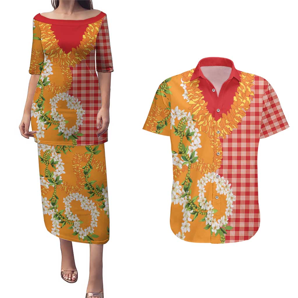 Prince Kuhio Aloha Hawaii Couples Matching Puletasi and Hawaiian Shirt Plumeria Ilima Lei Palaka Motifs