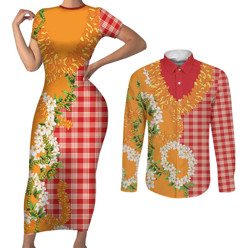 Prince Kuhio Aloha Hawaii Couples Matching Short Sleeve Bodycon Dress and Long Sleeve Button Shirt Plumeria Ilima Lei Palaka Motifs