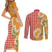 Prince Kuhio Aloha Hawaii Couples Matching Short Sleeve Bodycon Dress and Long Sleeve Button Shirt Plumeria Ilima Lei Palaka Motifs