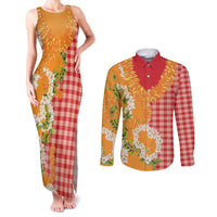 Prince Kuhio Aloha Hawaii Couples Matching Tank Maxi Dress and Long Sleeve Button Shirt Plumeria Ilima Lei Palaka Motifs