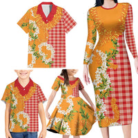 Prince Kuhio Aloha Hawaii Family Matching Long Sleeve Bodycon Dress and Hawaiian Shirt Plumeria Ilima Lei Palaka Motifs