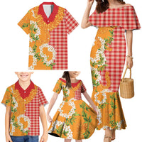 Prince Kuhio Aloha Hawaii Family Matching Mermaid Dress and Hawaiian Shirt Plumeria Ilima Lei Palaka Motifs