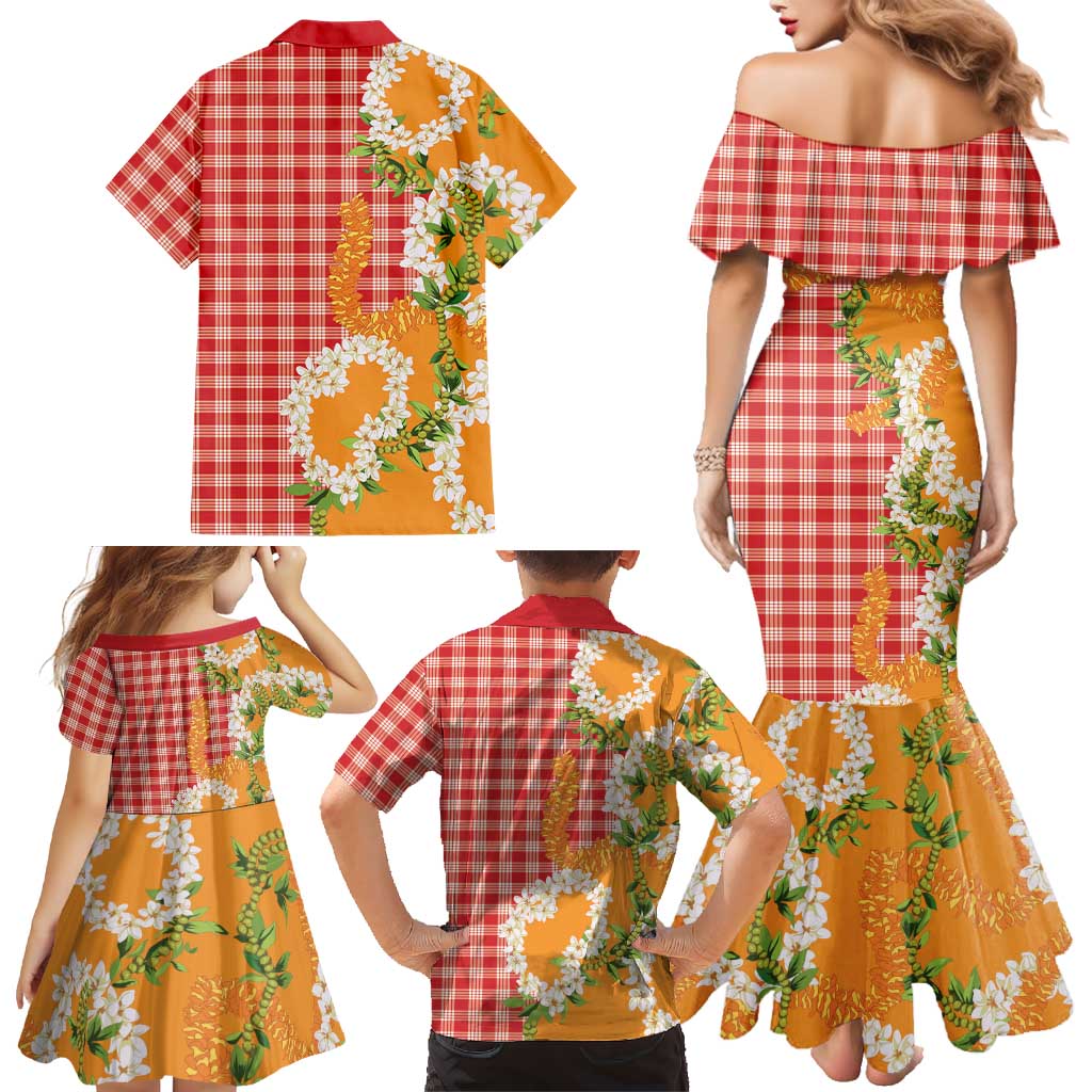 Prince Kuhio Aloha Hawaii Family Matching Mermaid Dress and Hawaiian Shirt Plumeria Ilima Lei Palaka Motifs