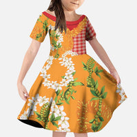 Prince Kuhio Aloha Hawaii Family Matching Off The Shoulder Long Sleeve Dress and Hawaiian Shirt Plumeria Ilima Lei Palaka Motifs LT14 Daughter's Dress Red - Polynesian Pride