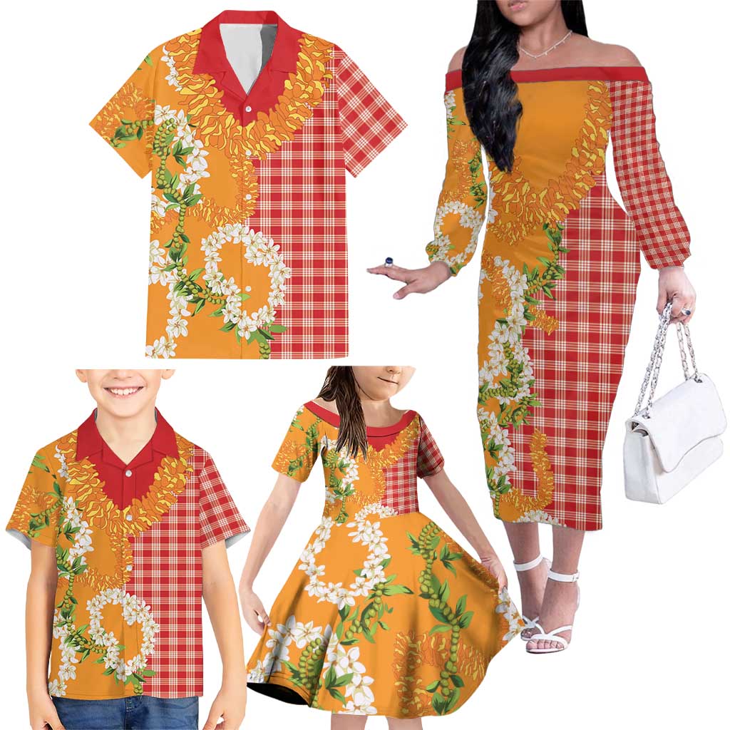 Prince Kuhio Aloha Hawaii Family Matching Off The Shoulder Long Sleeve Dress and Hawaiian Shirt Plumeria Ilima Lei Palaka Motifs LT14 - Polynesian Pride