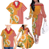 Prince Kuhio Aloha Hawaii Family Matching Off The Shoulder Long Sleeve Dress and Hawaiian Shirt Plumeria Ilima Lei Palaka Motifs LT14 - Polynesian Pride