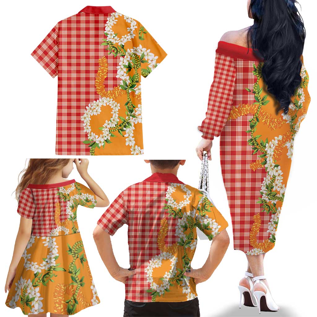 Prince Kuhio Aloha Hawaii Family Matching Off The Shoulder Long Sleeve Dress and Hawaiian Shirt Plumeria Ilima Lei Palaka Motifs LT14 - Polynesian Pride
