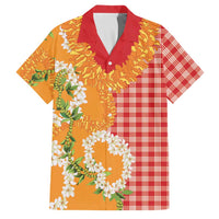 Prince Kuhio Aloha Hawaii Family Matching Off The Shoulder Long Sleeve Dress and Hawaiian Shirt Plumeria Ilima Lei Palaka Motifs LT14 Dad's Shirt - Short Sleeve Red - Polynesian Pride