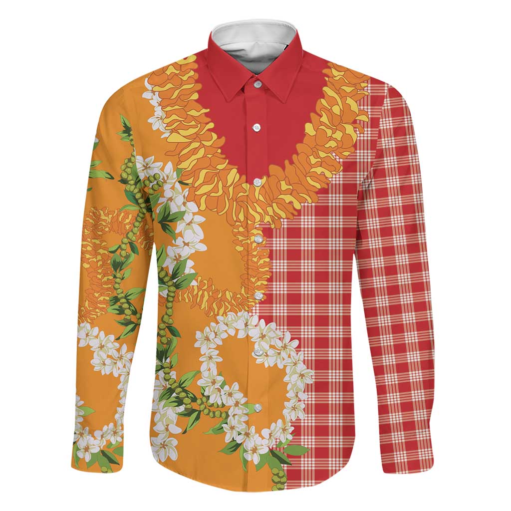 Prince Kuhio Aloha Hawaii Family Matching Off The Shoulder Long Sleeve Dress and Hawaiian Shirt Plumeria Ilima Lei Palaka Motifs LT14 Dad's Shirt - Long Sleeve Red - Polynesian Pride