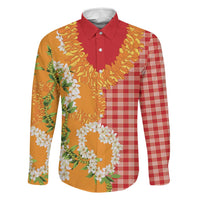 Prince Kuhio Aloha Hawaii Family Matching Off The Shoulder Long Sleeve Dress and Hawaiian Shirt Plumeria Ilima Lei Palaka Motifs LT14 Dad's Shirt - Long Sleeve Red - Polynesian Pride