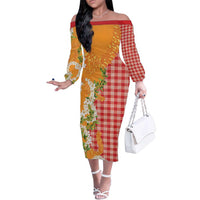 Prince Kuhio Aloha Hawaii Family Matching Off The Shoulder Long Sleeve Dress and Hawaiian Shirt Plumeria Ilima Lei Palaka Motifs LT14 Mom's Dress Red - Polynesian Pride