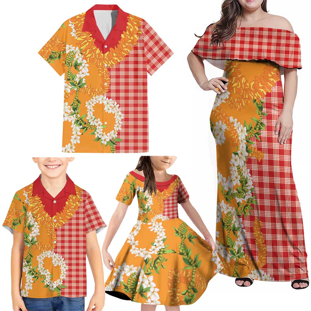 Prince Kuhio Aloha Hawaii Family Matching Off Shoulder Maxi Dress and Hawaiian Shirt Plumeria Ilima Lei Palaka Motifs