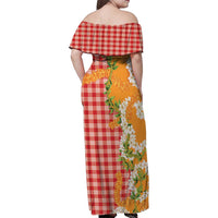 Prince Kuhio Aloha Hawaii Family Matching Off Shoulder Maxi Dress and Hawaiian Shirt Plumeria Ilima Lei Palaka Motifs
