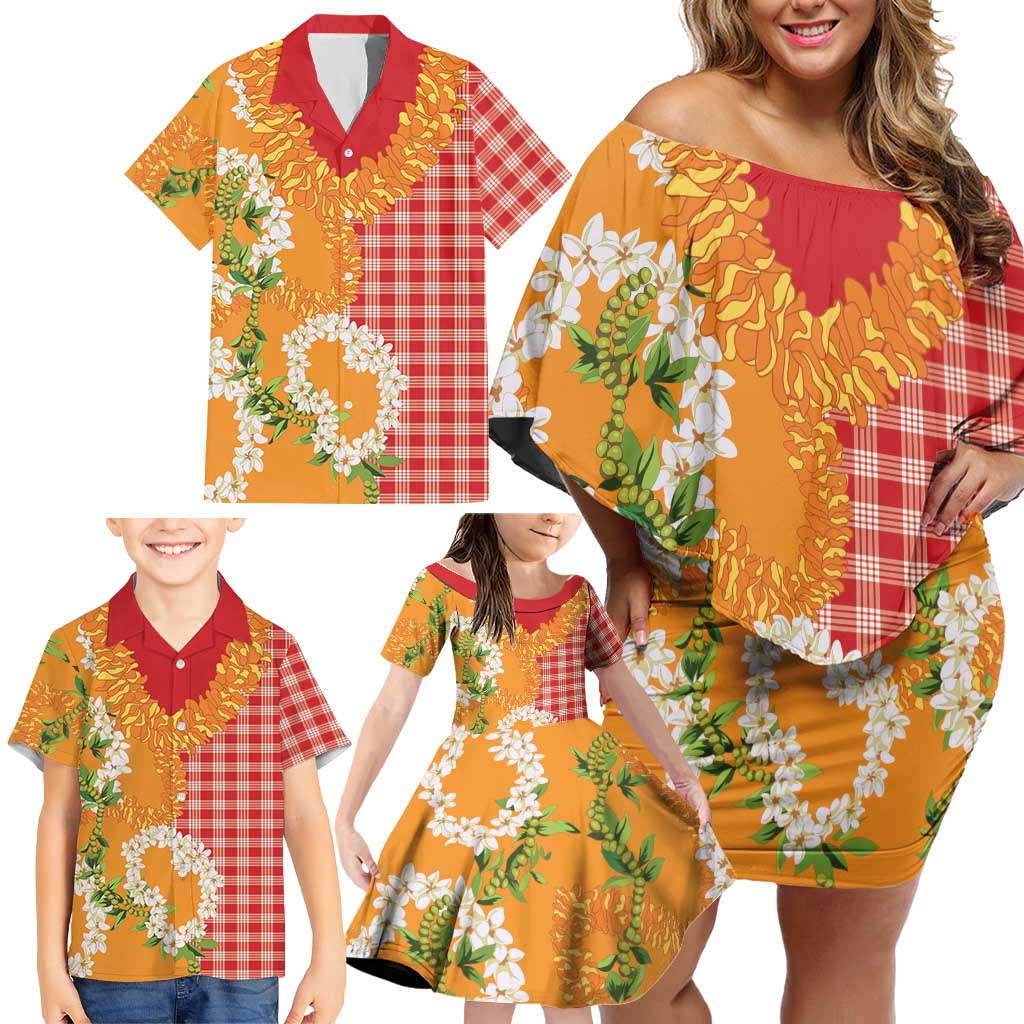 Prince Kuhio Aloha Hawaii Family Matching Off Shoulder Short Dress and Hawaiian Shirt Plumeria Ilima Lei Palaka Motifs