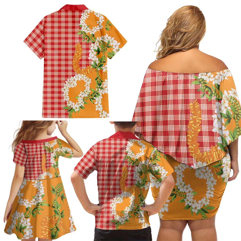Prince Kuhio Aloha Hawaii Family Matching Off Shoulder Short Dress and Hawaiian Shirt Plumeria Ilima Lei Palaka Motifs