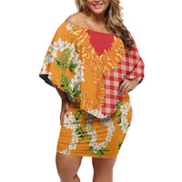 Prince Kuhio Aloha Hawaii Family Matching Off Shoulder Short Dress and Hawaiian Shirt Plumeria Ilima Lei Palaka Motifs