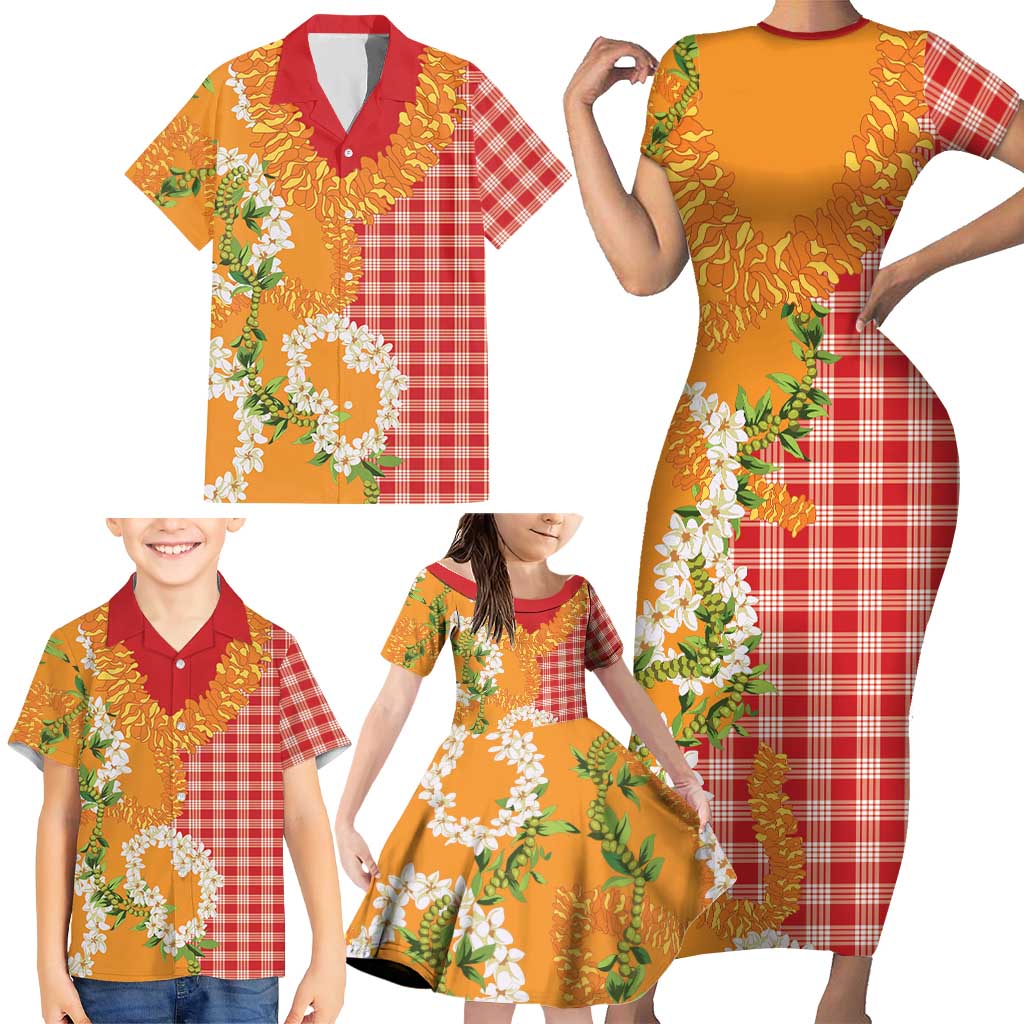 Prince Kuhio Aloha Hawaii Family Matching Short Sleeve Bodycon Dress and Hawaiian Shirt Plumeria Ilima Lei Palaka Motifs