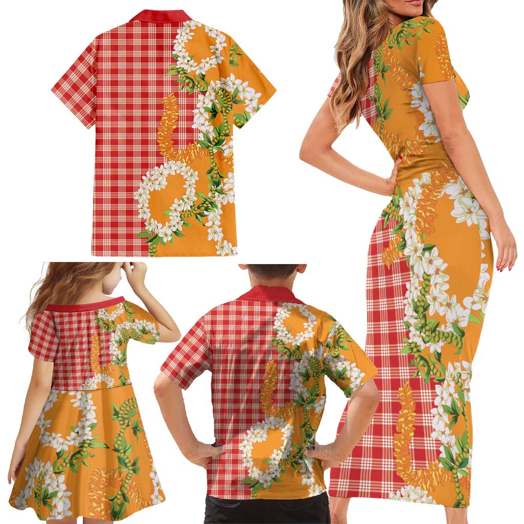 Prince Kuhio Aloha Hawaii Family Matching Short Sleeve Bodycon Dress and Hawaiian Shirt Plumeria Ilima Lei Palaka Motifs