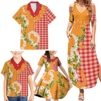 Prince Kuhio Aloha Hawaii Family Matching Summer Maxi Dress and Hawaiian Shirt Plumeria Ilima Lei Palaka Motifs