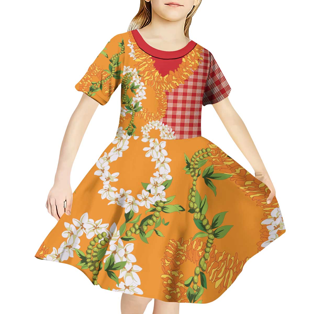 Prince Kuhio Aloha Hawaii Kid Short Sleeve Dress Plumeria Ilima Lei Palaka Motifs