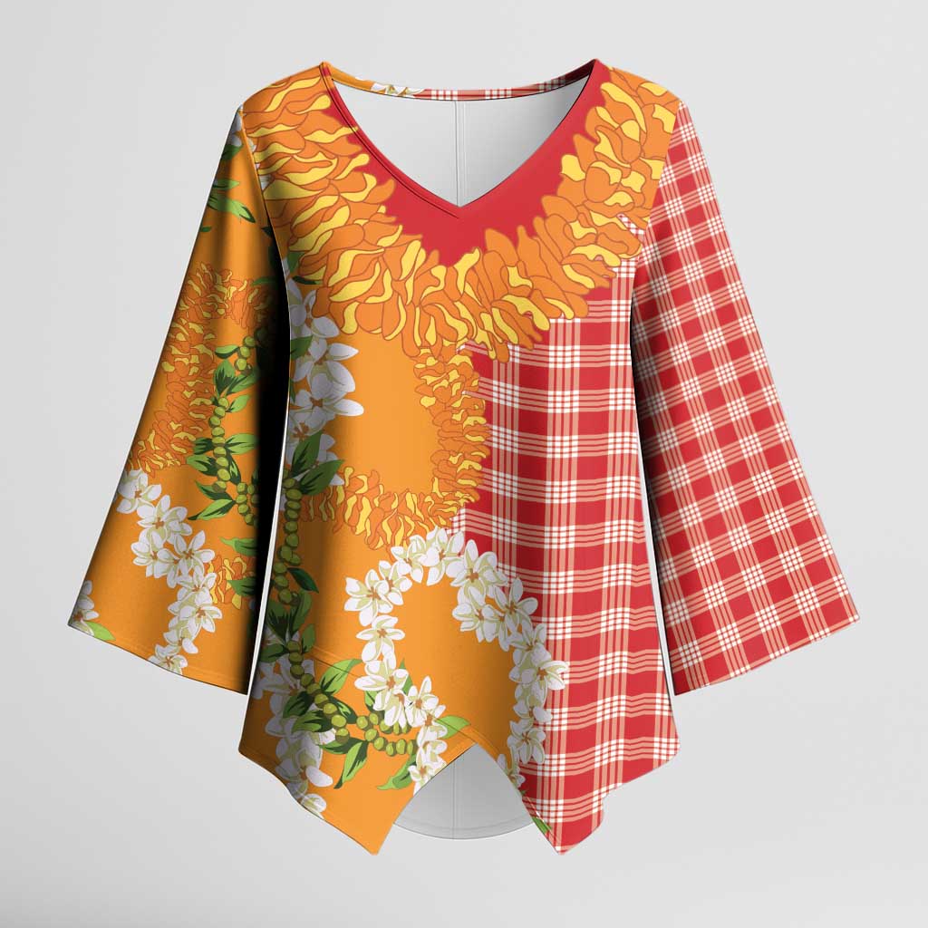 Prince Kuhio Aloha Hawaii Kimono Sleeve Blouse Plumeria Ilima Lei Palaka Motifs