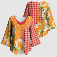 Prince Kuhio Aloha Hawaii Kimono Sleeve Blouse Plumeria Ilima Lei Palaka Motifs