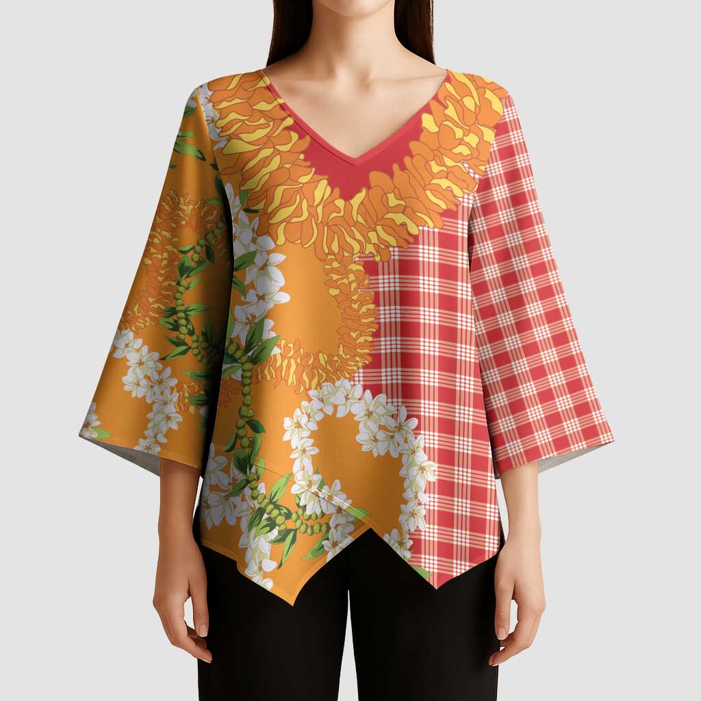 Prince Kuhio Aloha Hawaii Kimono Sleeve Blouse Plumeria Ilima Lei Palaka Motifs