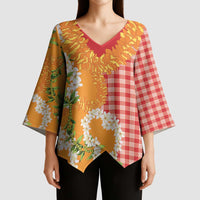 Prince Kuhio Aloha Hawaii Kimono Sleeve Blouse Plumeria Ilima Lei Palaka Motifs