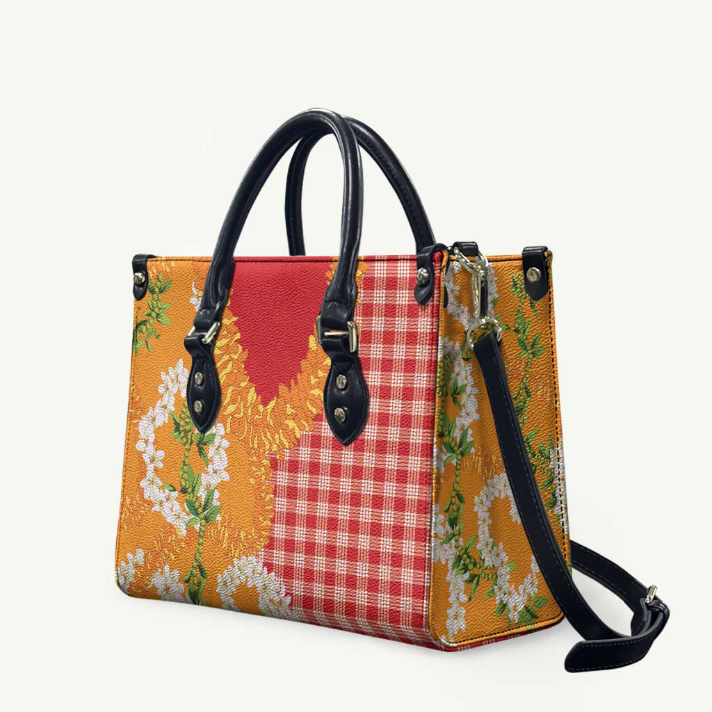Prince Kuhio Aloha Hawaii Leather Bag Plumeria Ilima Lei Palaka Motifs
