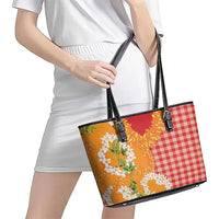 Prince Kuhio Aloha Hawaii Leather Tote Bag Plumeria Ilima Lei Palaka Motifs