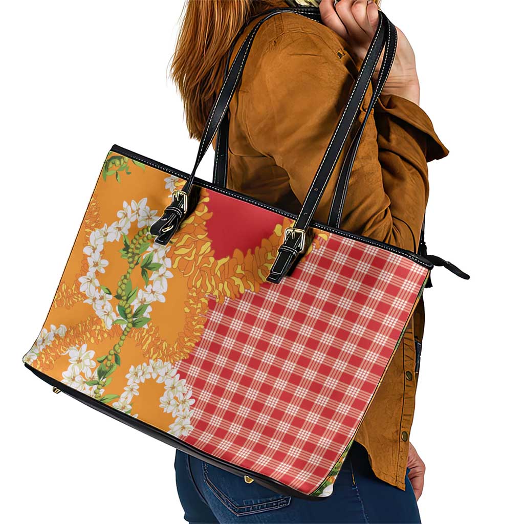 Prince Kuhio Aloha Hawaii Leather Tote Bag Plumeria Ilima Lei Palaka Motifs